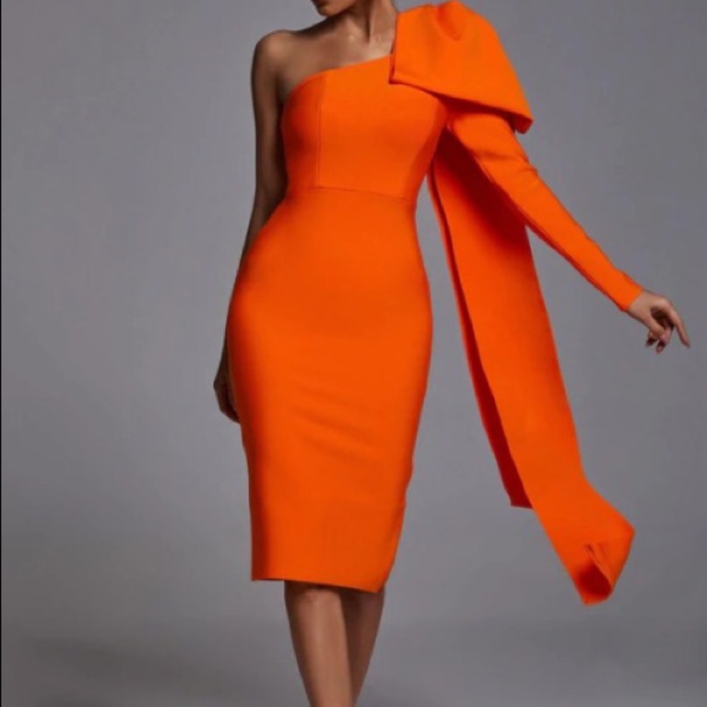 Bella Barnett orange one shoulder bandage dress